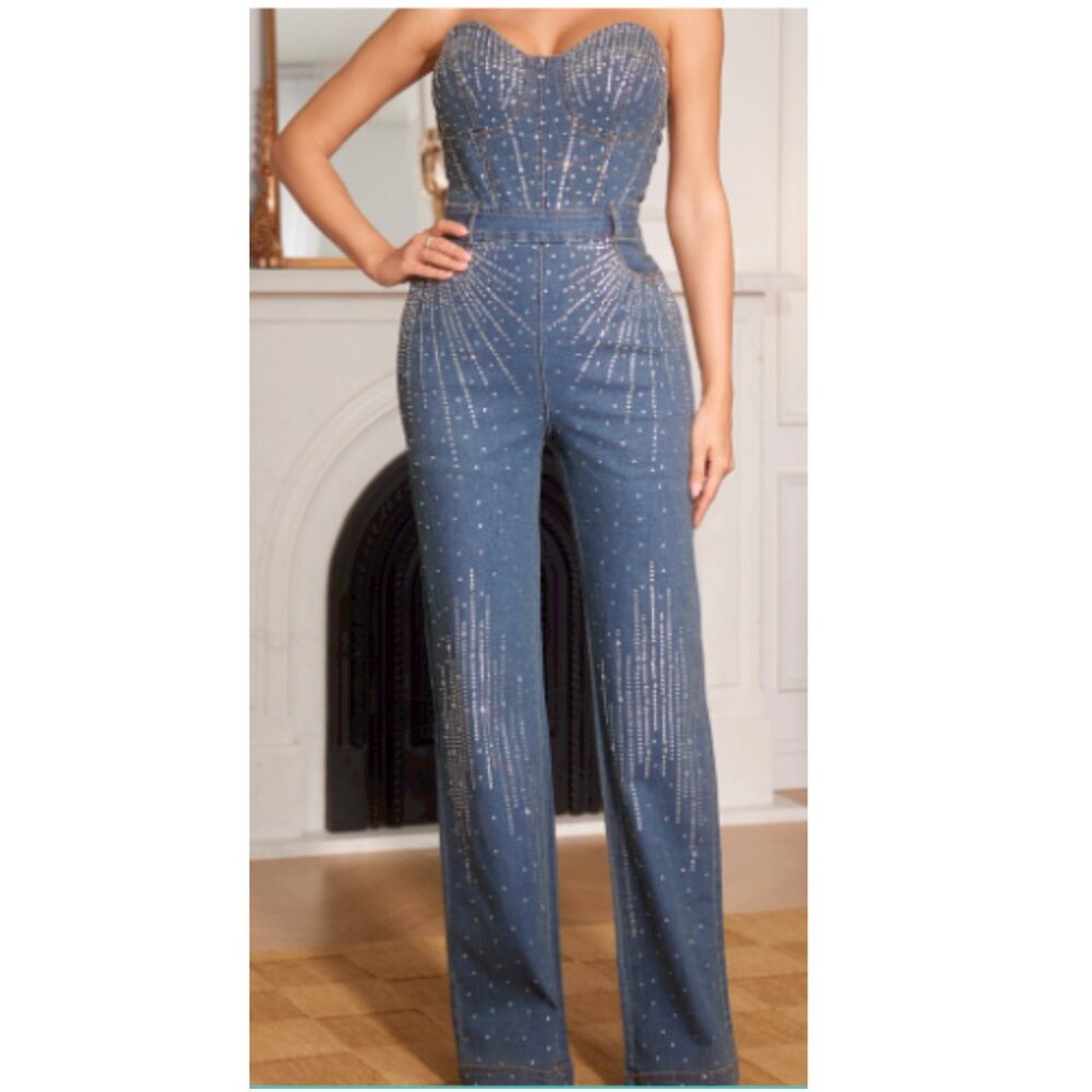 Rhinestone Embellished Denim Jumpsuit (Medium Dark Blue)